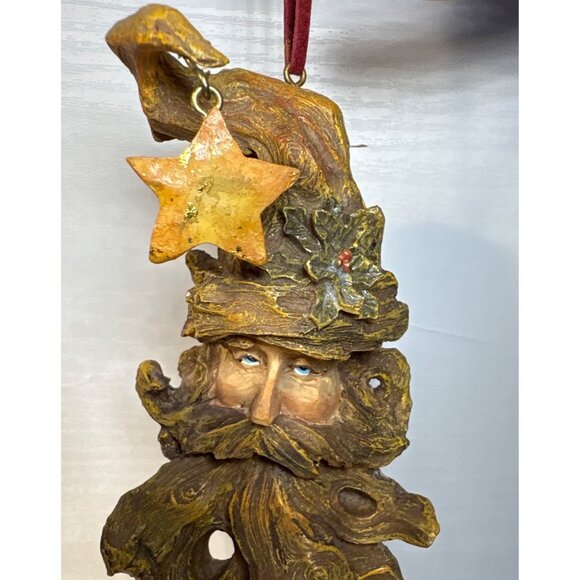 Old Man Tree Face Santa Ornament With Star & Holly Accents For Holiday Decor 8" - Picture 2 of 9